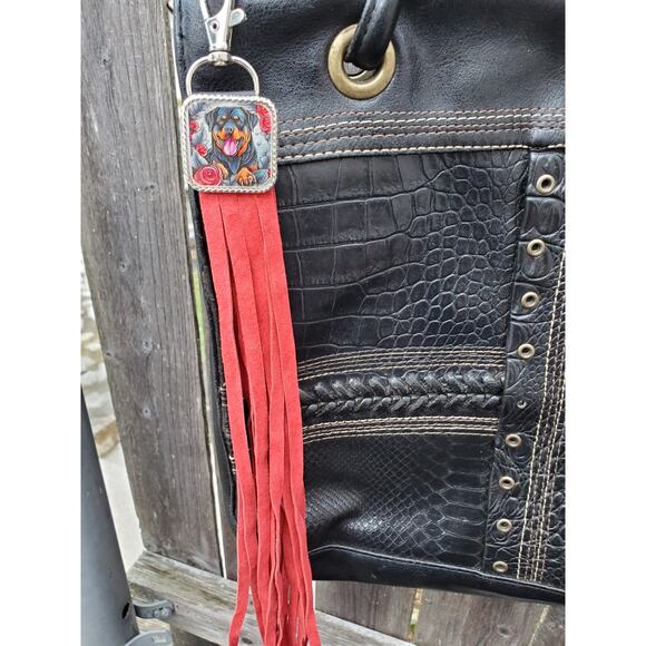Handmade boho Rottweiler dog lover Leather Fringe Western bag charm keychain - Picture 3 of 3